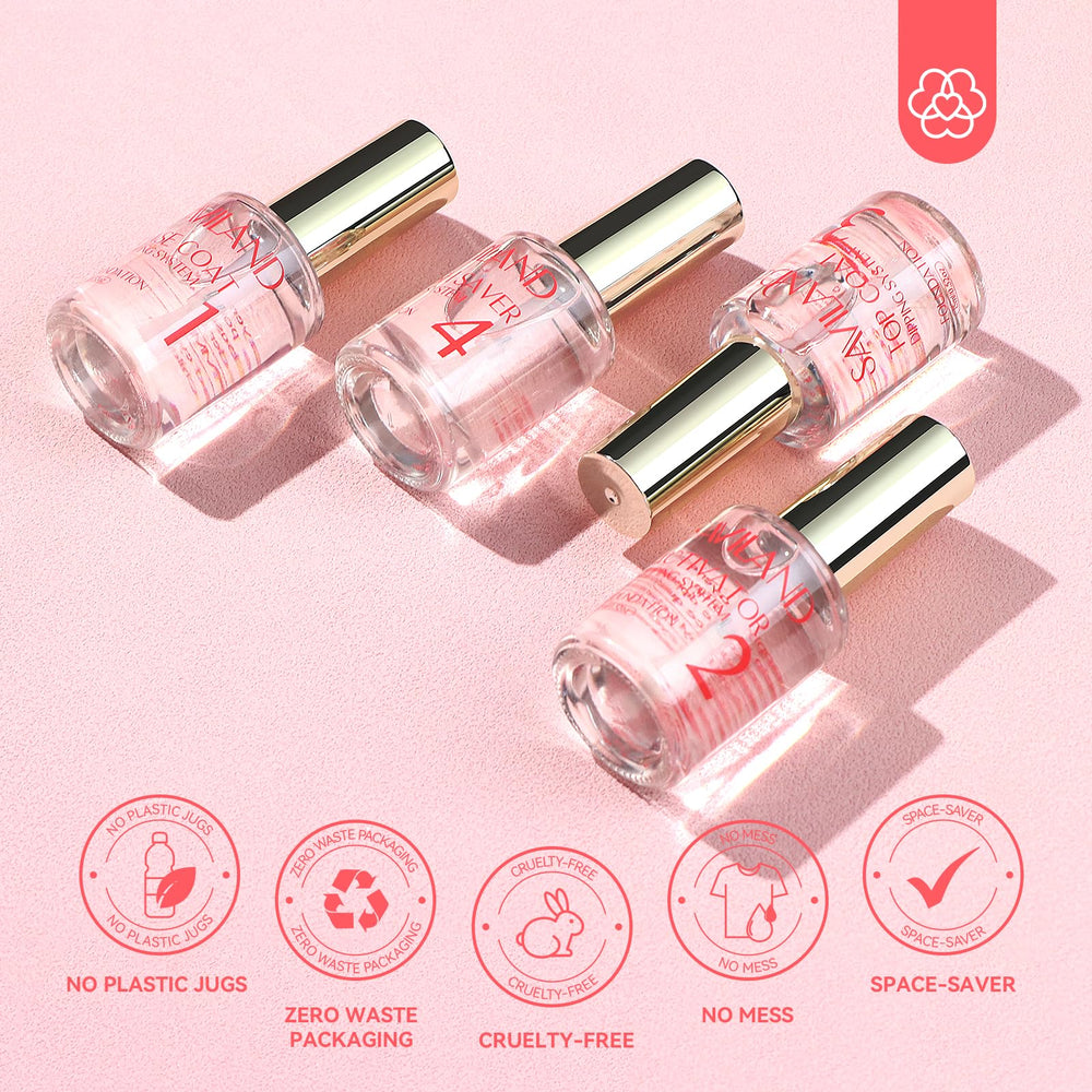 SAVILAND dip base/top coat bottles provide strong adhesion and a glossy finish
