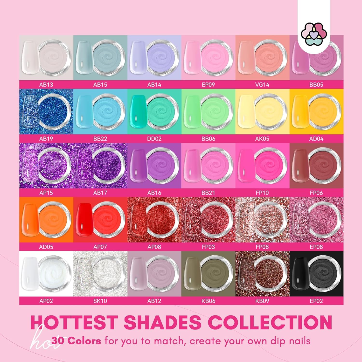 SAVILAND dip powder color palette shows 30 shades for versatile nail art.