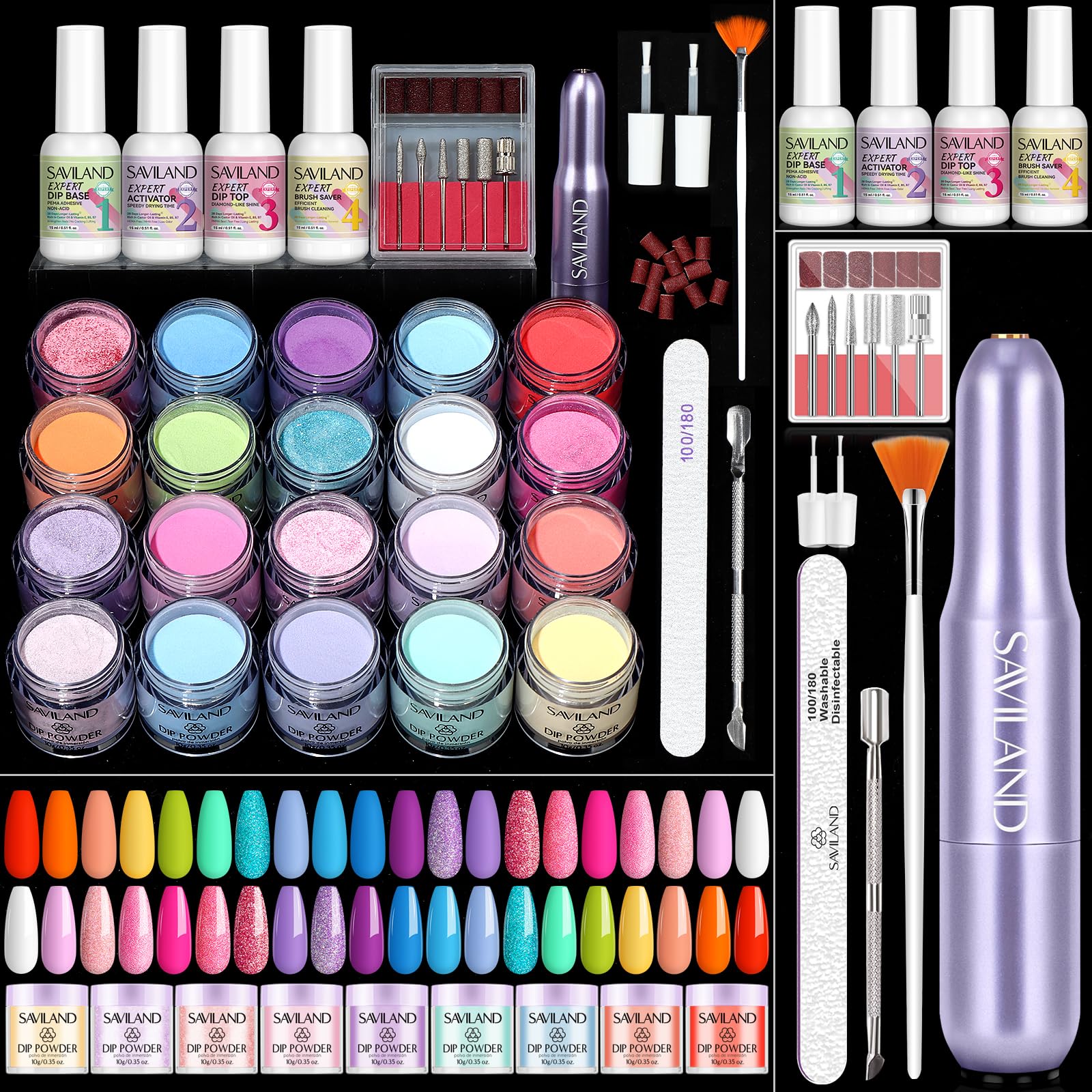 SAVILAND dip powder kit 20 colors swatches for durable, glossy DIY nails.