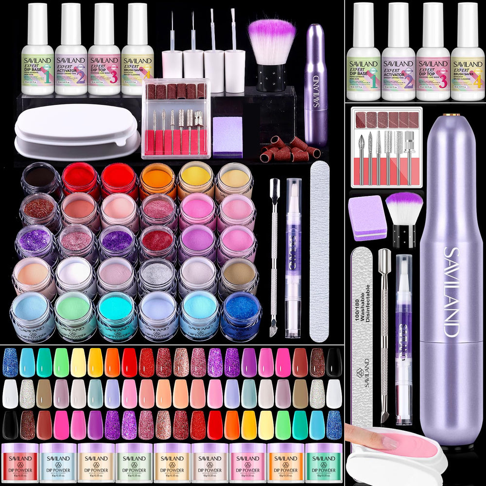 SAVILAND dip powder kit box with all-in-one tools for easy at-home manicures.