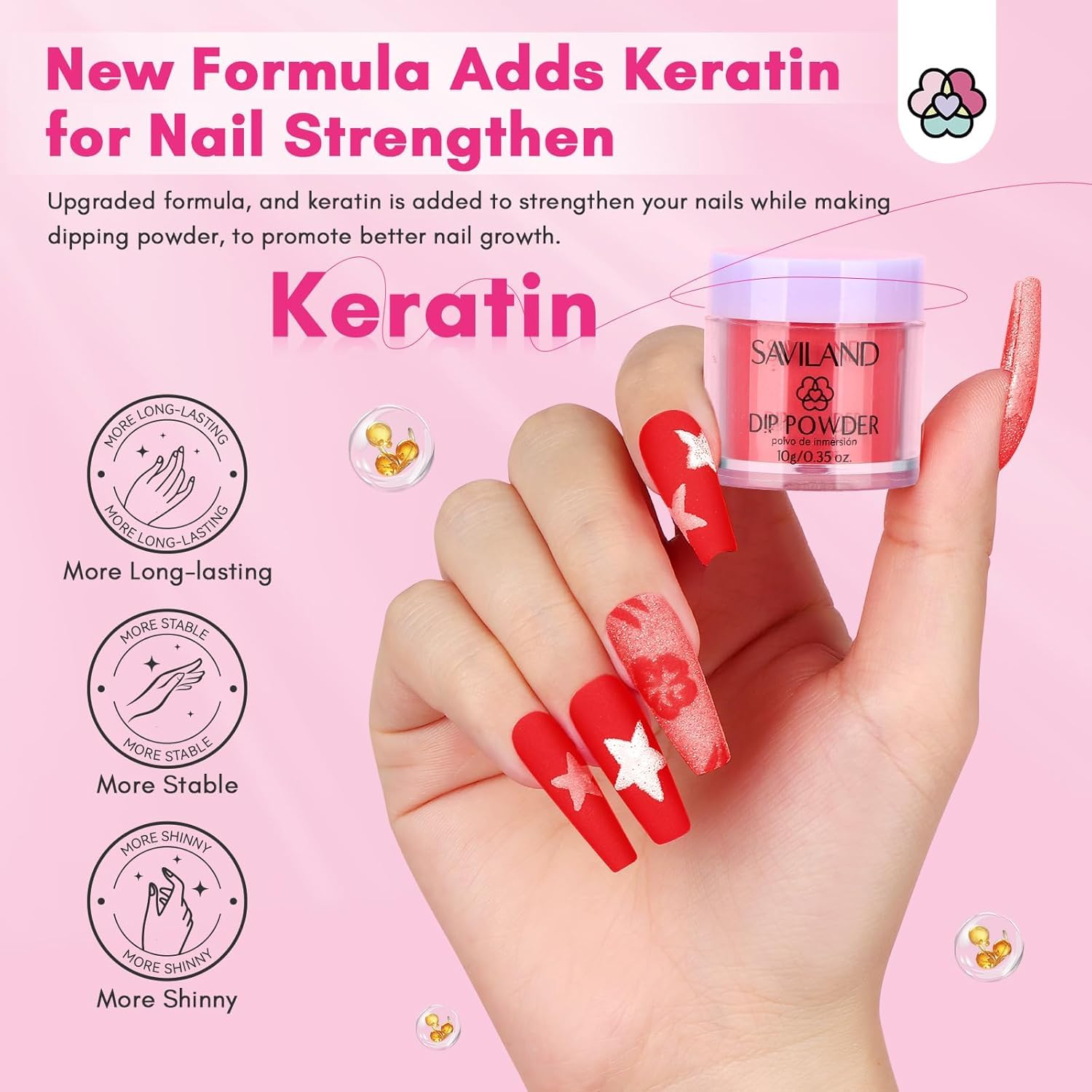 SAVILAND keratin-infused dip powder nails deliver long-lasting shine and resilience.