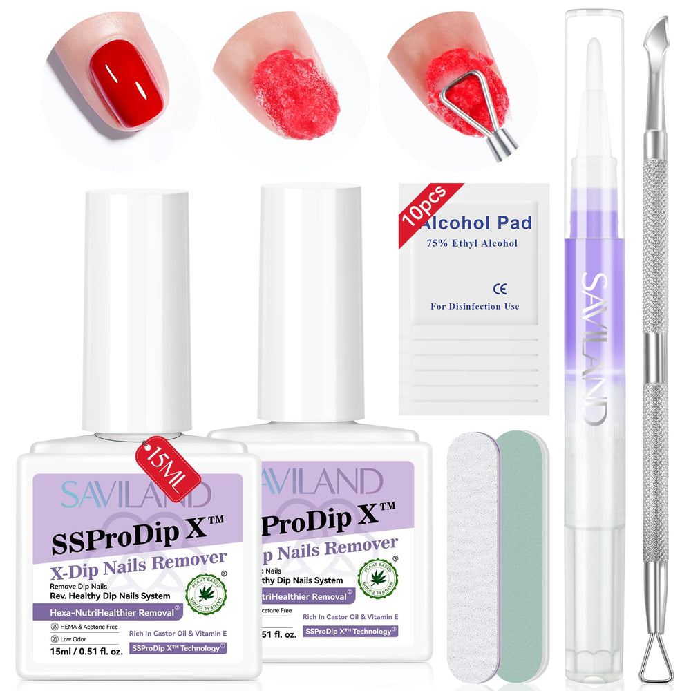 SAVILAND Dip Powder Remover bottle close-up shows gentle, no-soak removal.