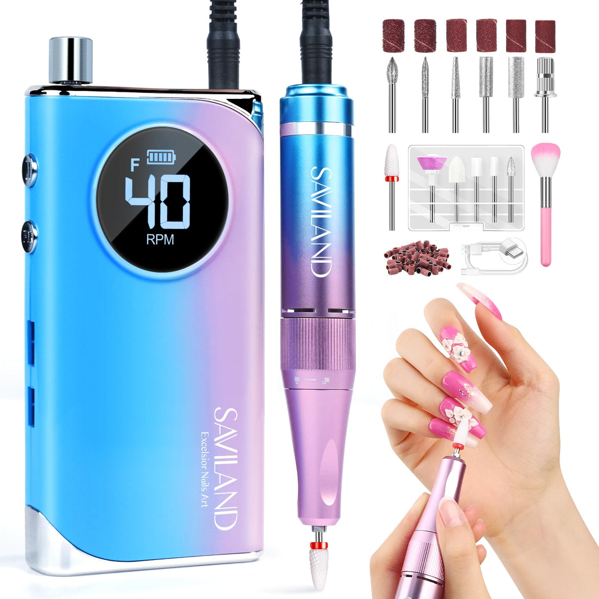 SAVILAND electric nail drill front view, compact design for portable salon and home manicures.