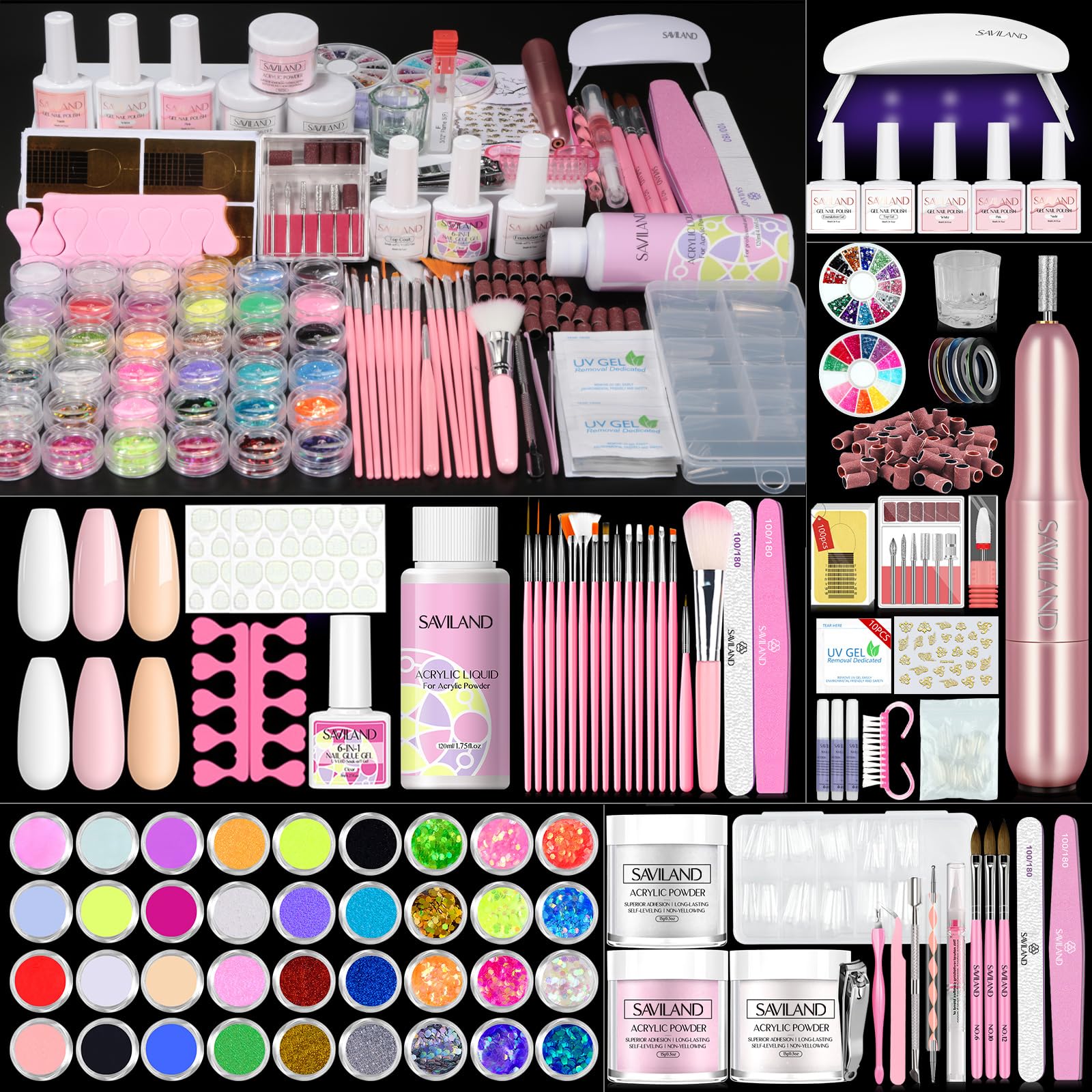 Saviland Essentials kit box shows an all-in-one at-home manicure setup for salon-quality nails.