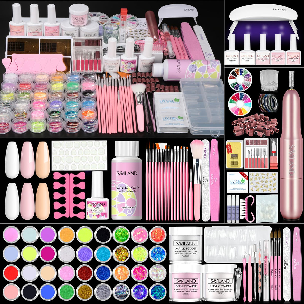 Saviland Essentials kit box shows an all-in-one at-home manicure setup for salon-quality nails.