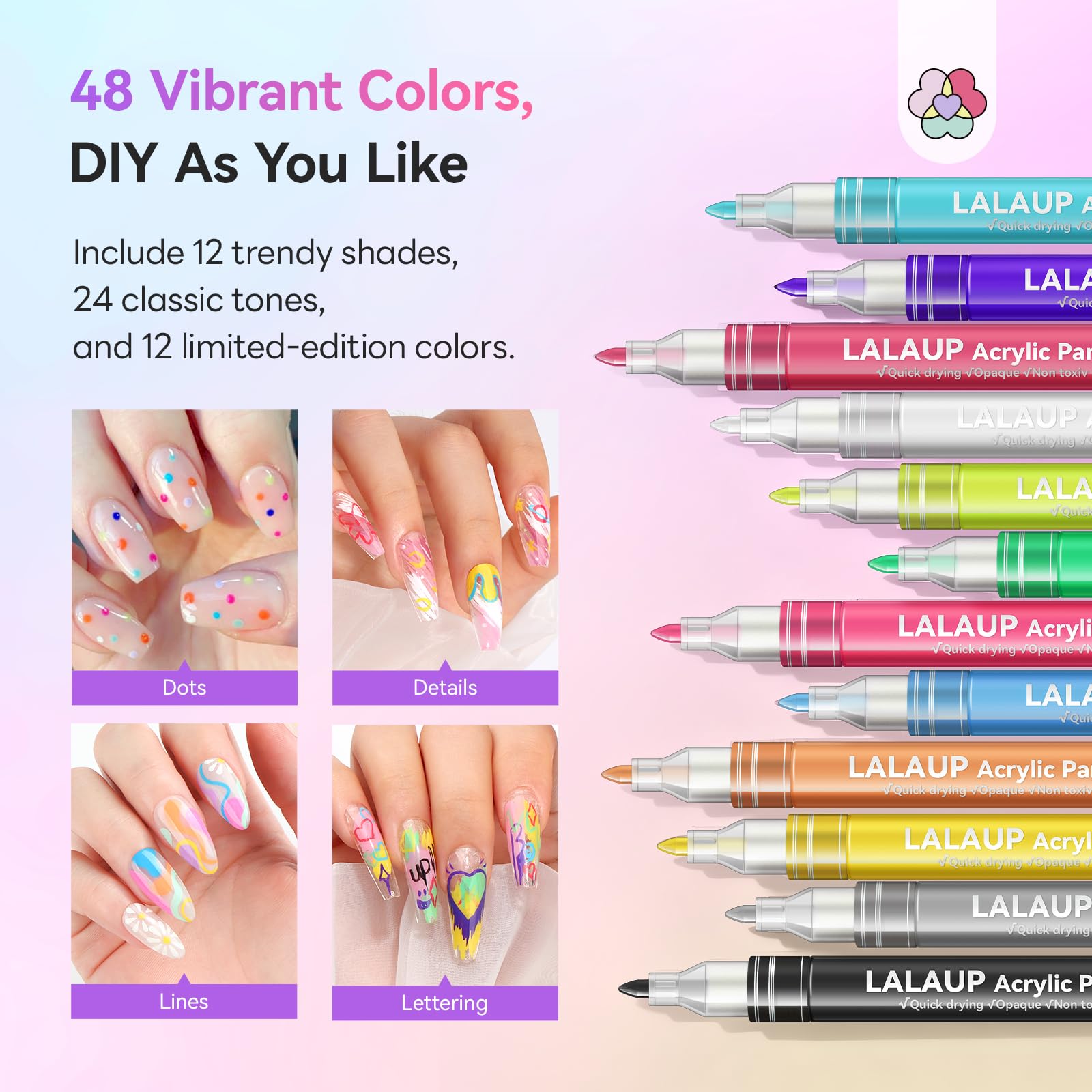 SAVILAND Essentials nail art pens application on nails demonstrates quick-dry, crisp designs.