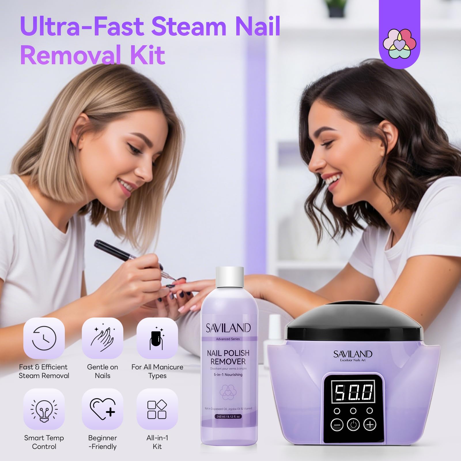 SAVILAND Essentials nail remover fluid bottle showcasing 5-in-1 nourishing formula benefits