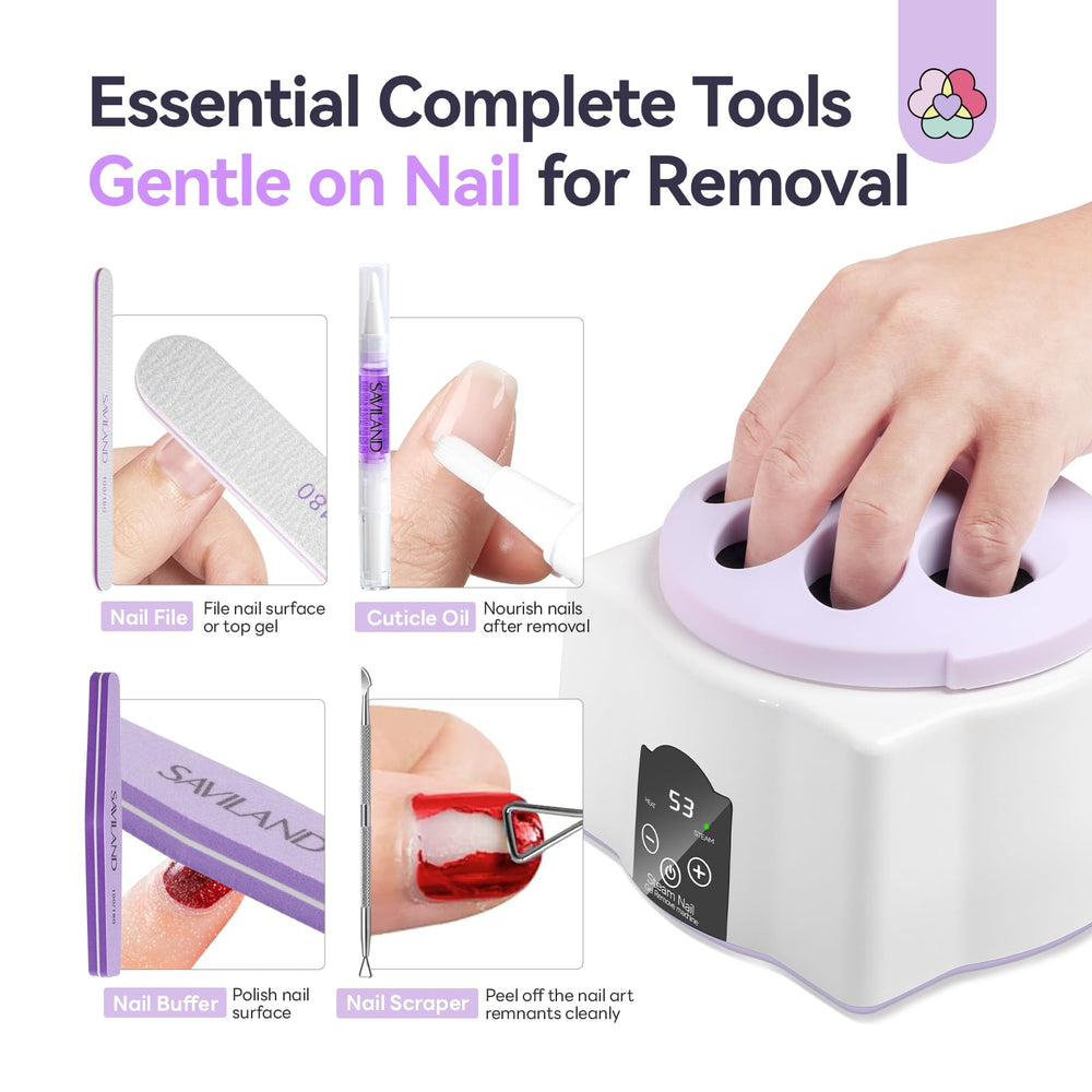 SAVILAND Essentials included tools image shows buffers, files, scrapers, and cuticle oil.