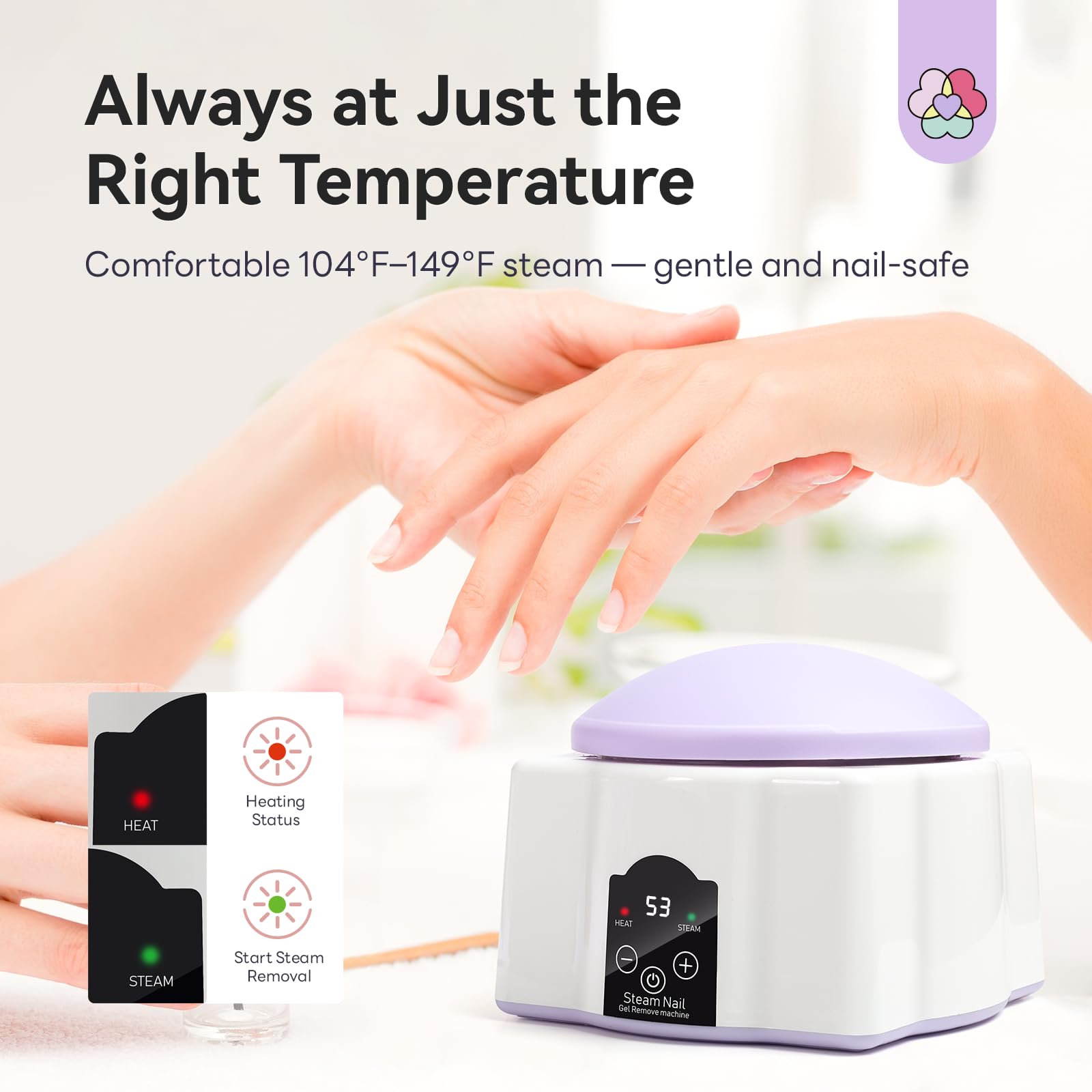 SAVILAND Essentials nail remover steam-action image highlighting fast lift with gentle heat.