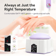 SAVILAND Essentials nail remover steam-action image highlighting fast lift with gentle heat.