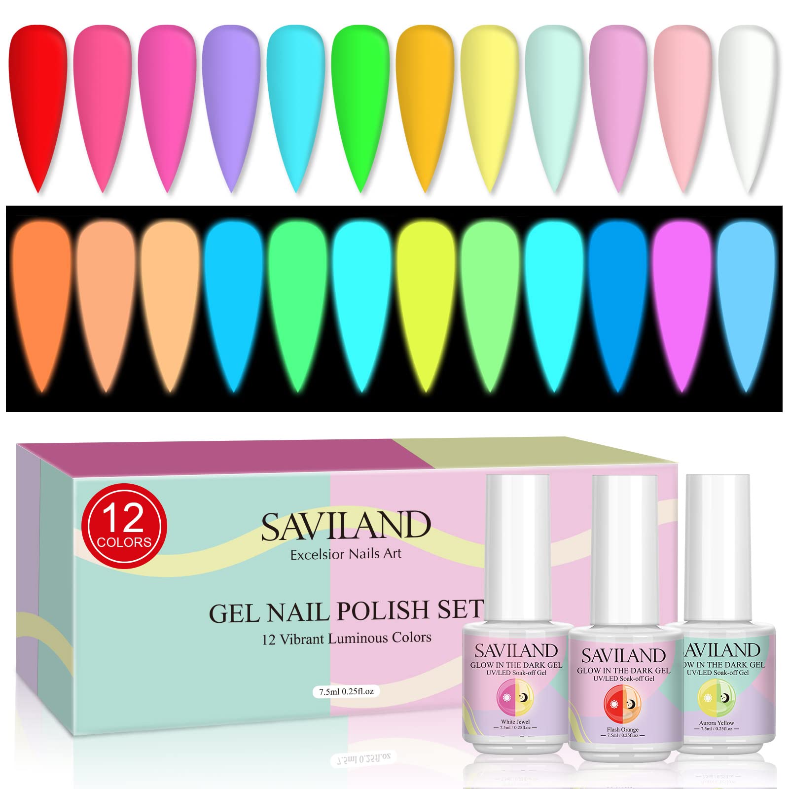 SAVILAND glow gel polish set daylight palette closeup shows vivid color glow.