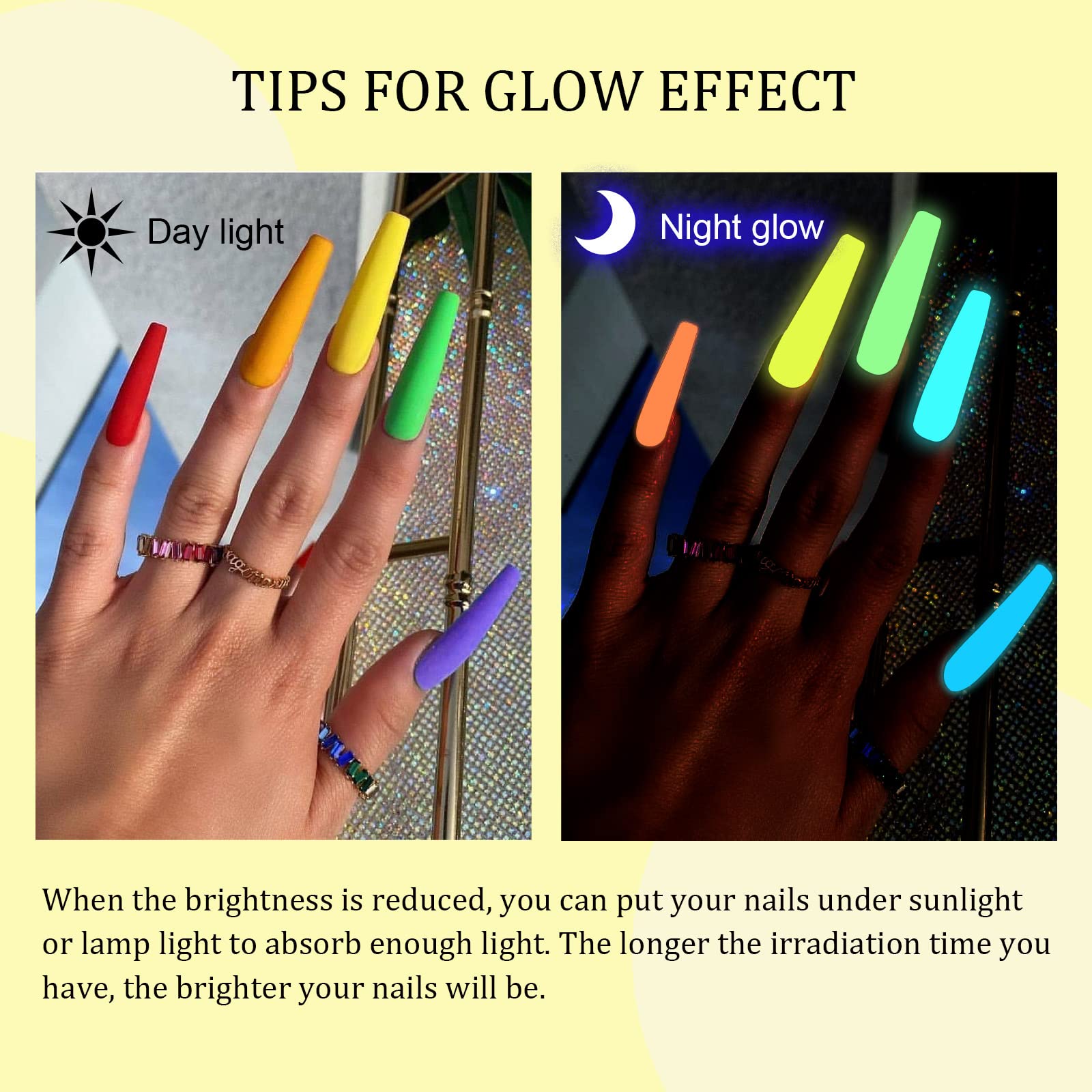 SAVILAND Glows in the Dark 12-colors-swatches highlight day/night pigment versatility.