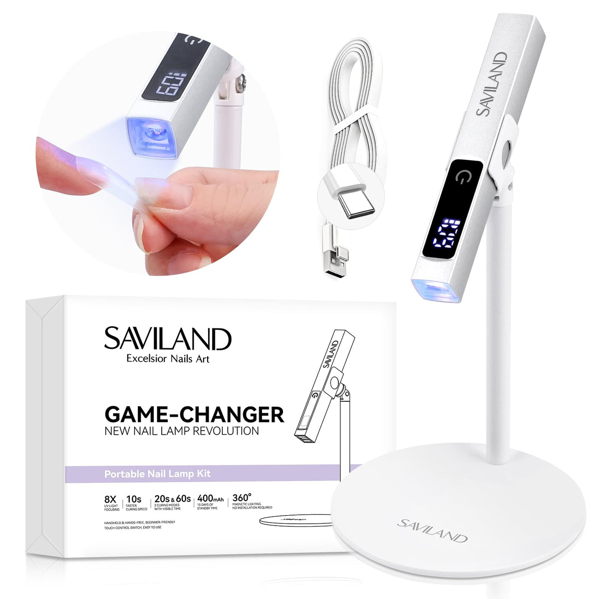 SAVILAND LED U V Light with magnetic stand and LCD screen enables hands-free curing.