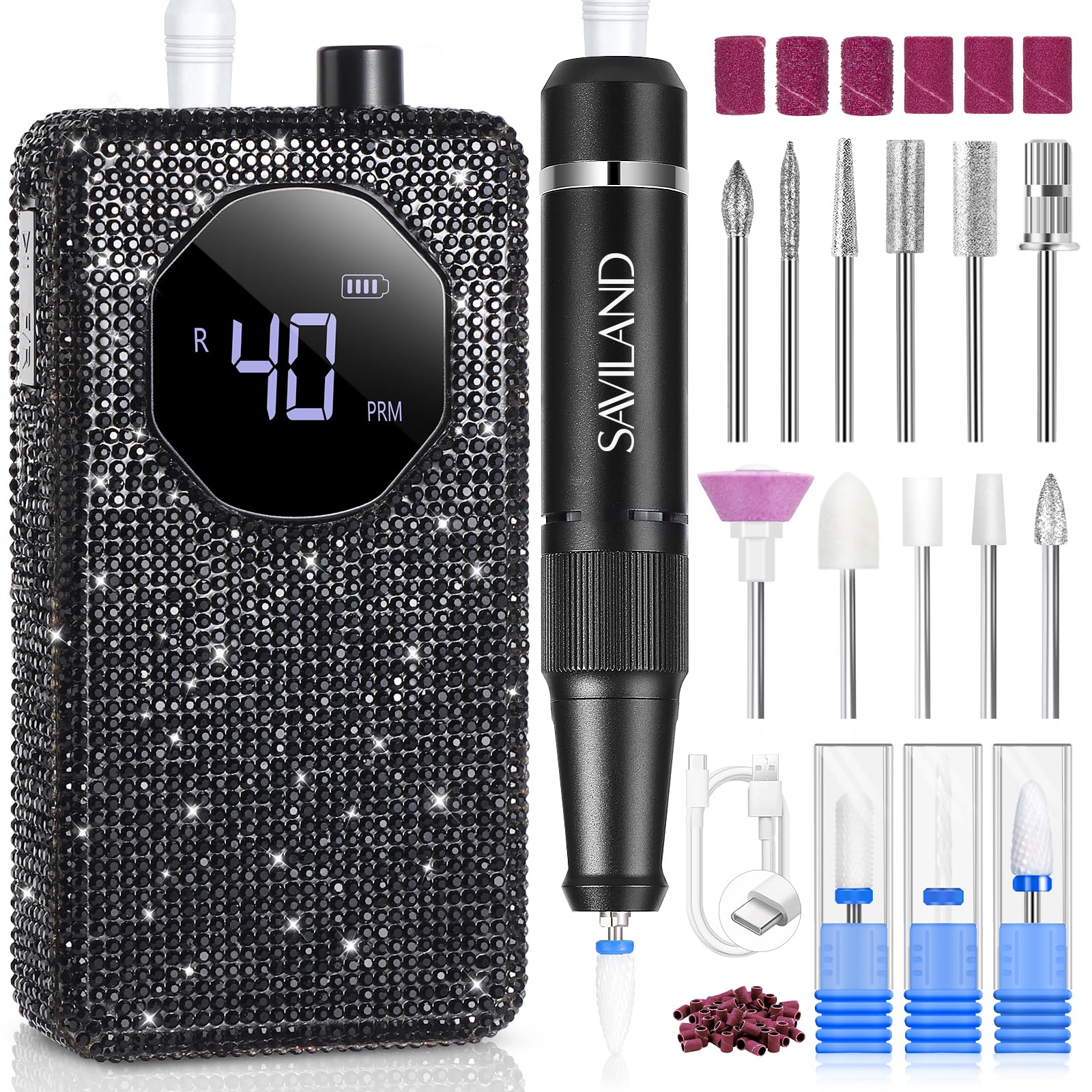 SAVILAND nail drill 40000rpm front view demonstrates powerful speed for quick gel removal.