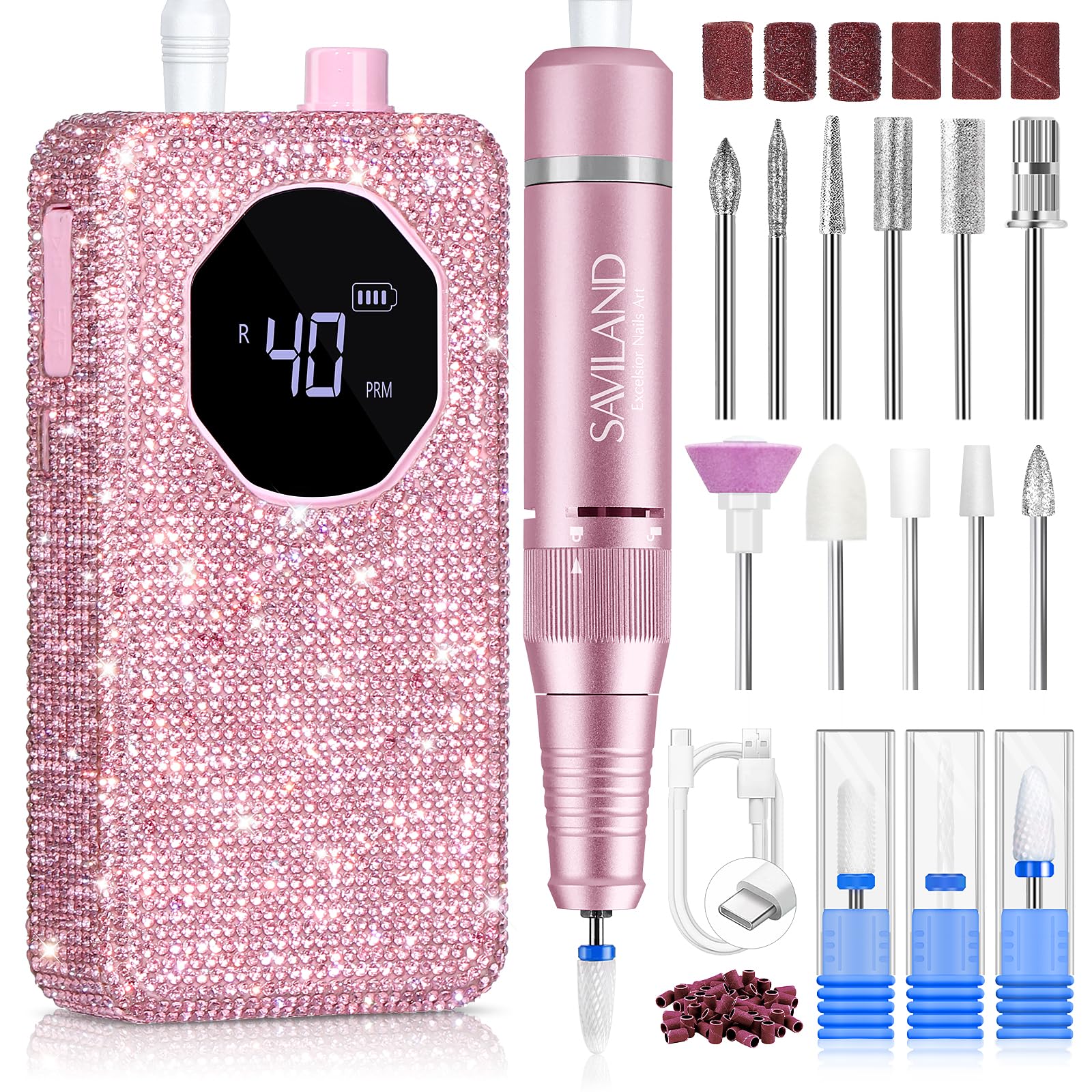 SAVILAND nail drill 40000rpm image highlighting high-speed power for thick acrylic removal.