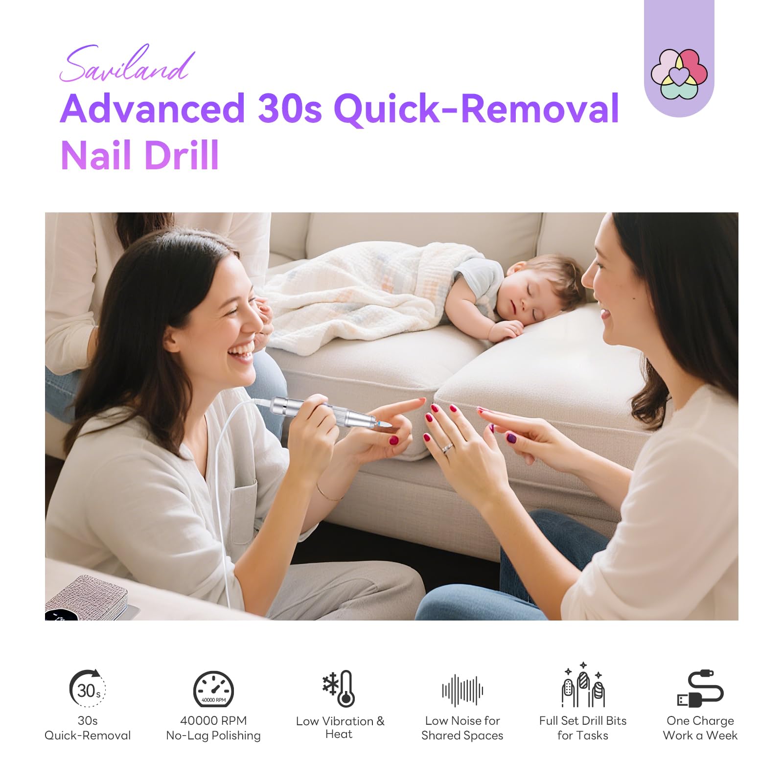 SAVILAND nail drill ergonomic handle for a comfortable grip during long sessions.