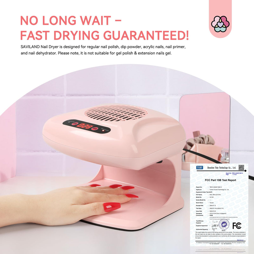 SAVILAND nail dryer side panel illustrating compact footprint and modern design