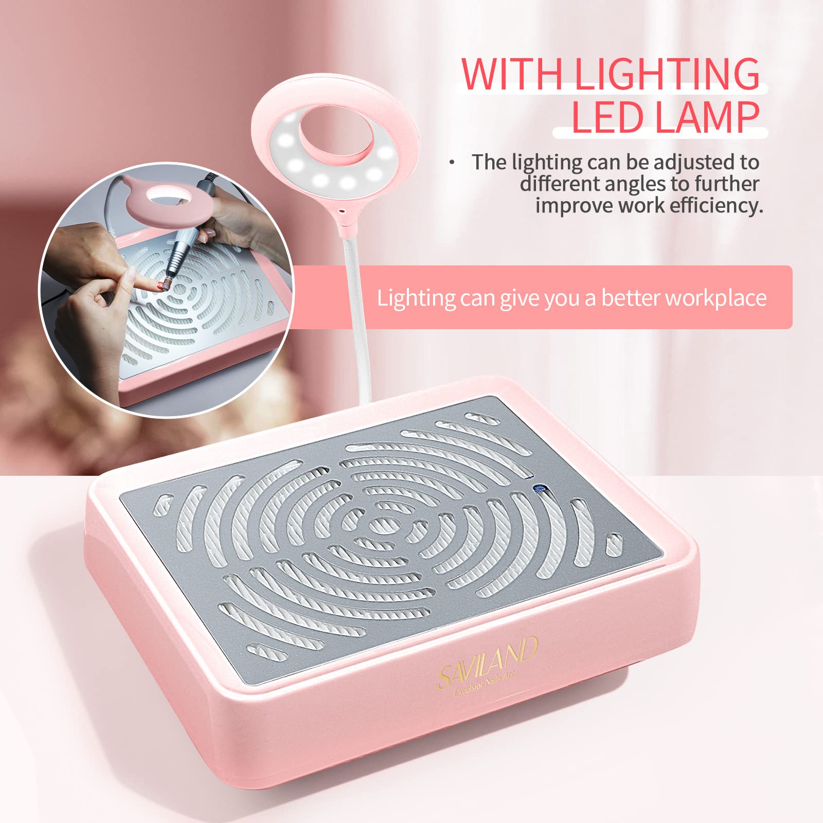 SAVILAND adjustable-suction unit highlighting customizable dust control during manicures.