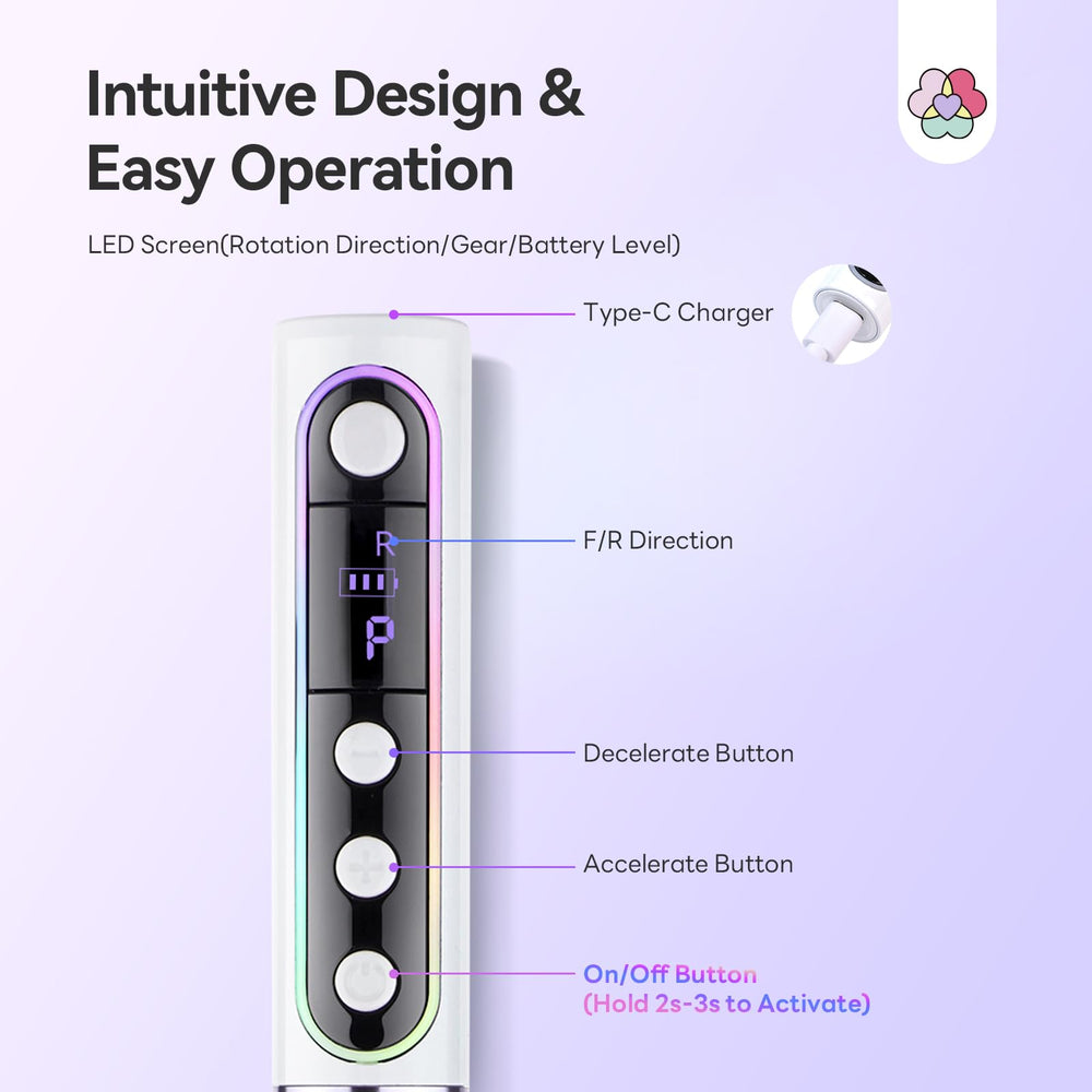 SAVILAND nail file kit LED-display image highlights real-time speed and battery status for precise control.