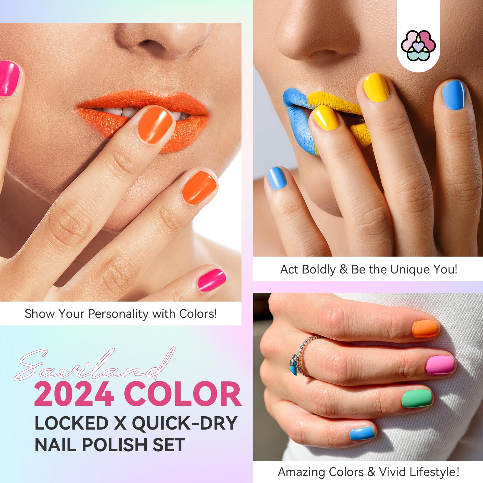 SAVILAND neon nail polish bottles closeup highlights glossy finish for a bold manicure.