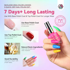 SAVILAND neon color swatches demonstrate bold reds, pinks, blues for expressive nail art.