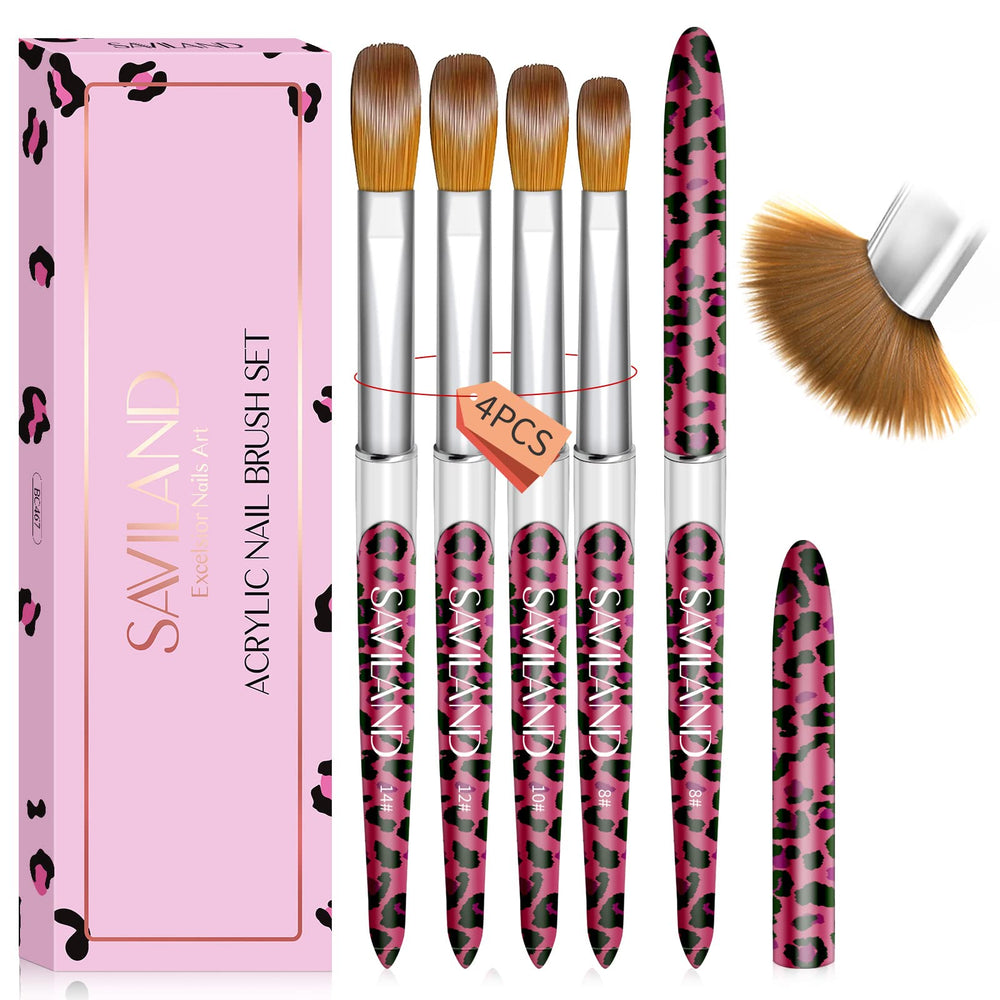 SAVILAND pink leopard nail brush set with ergonomic handle for precise acrylic application