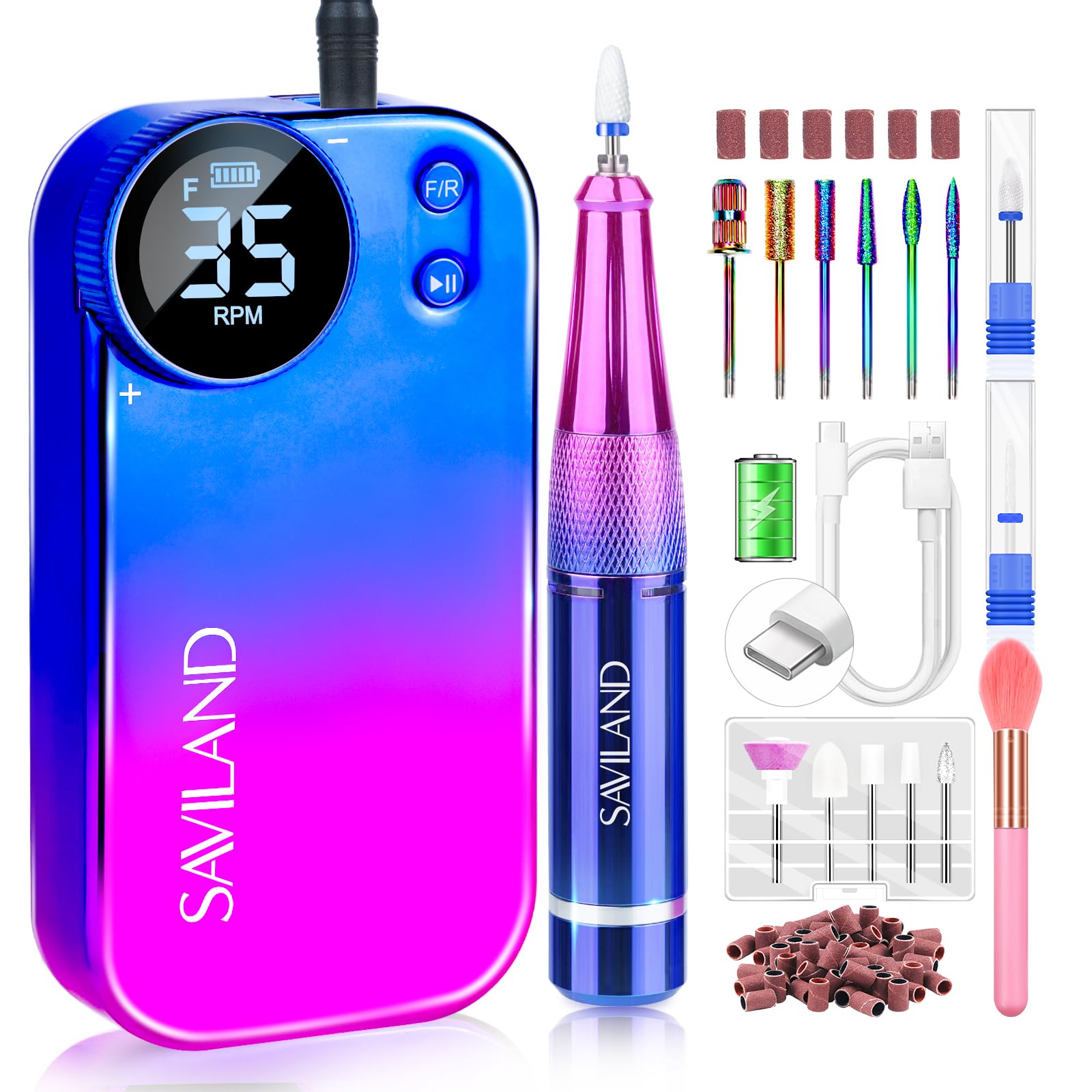 SAVILAND portable nail drill front view highlights compact design for on-the-go manicures.