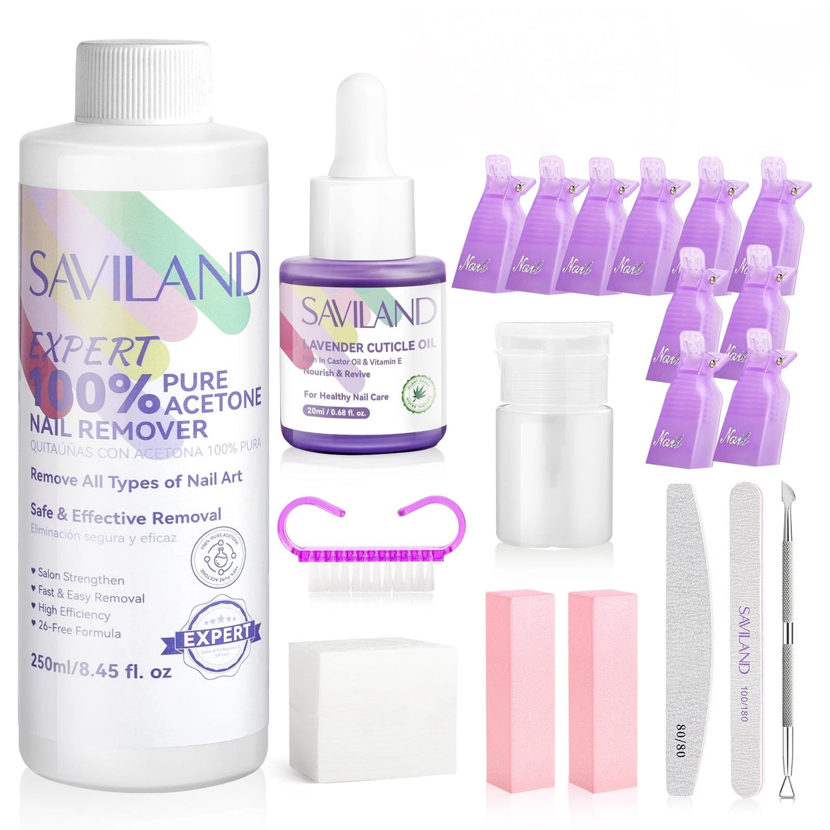 SAVILAND bottle shows pure acetone remover for fast polish removal