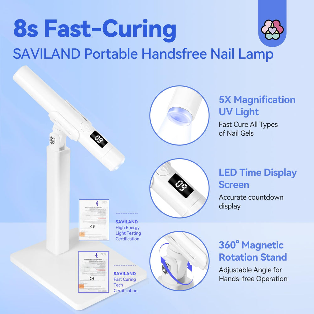 SAVILAND White 9W nail light on stand, enabling hands-free manicure sessions.