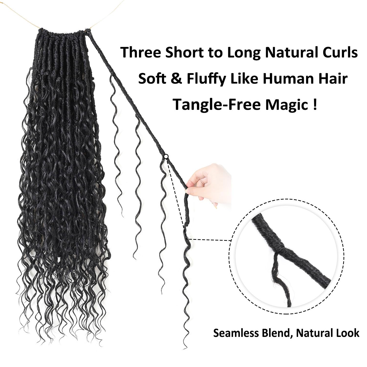 Scanbos Boho Faux Locs 24inch curly ends closeup show natural bounce.