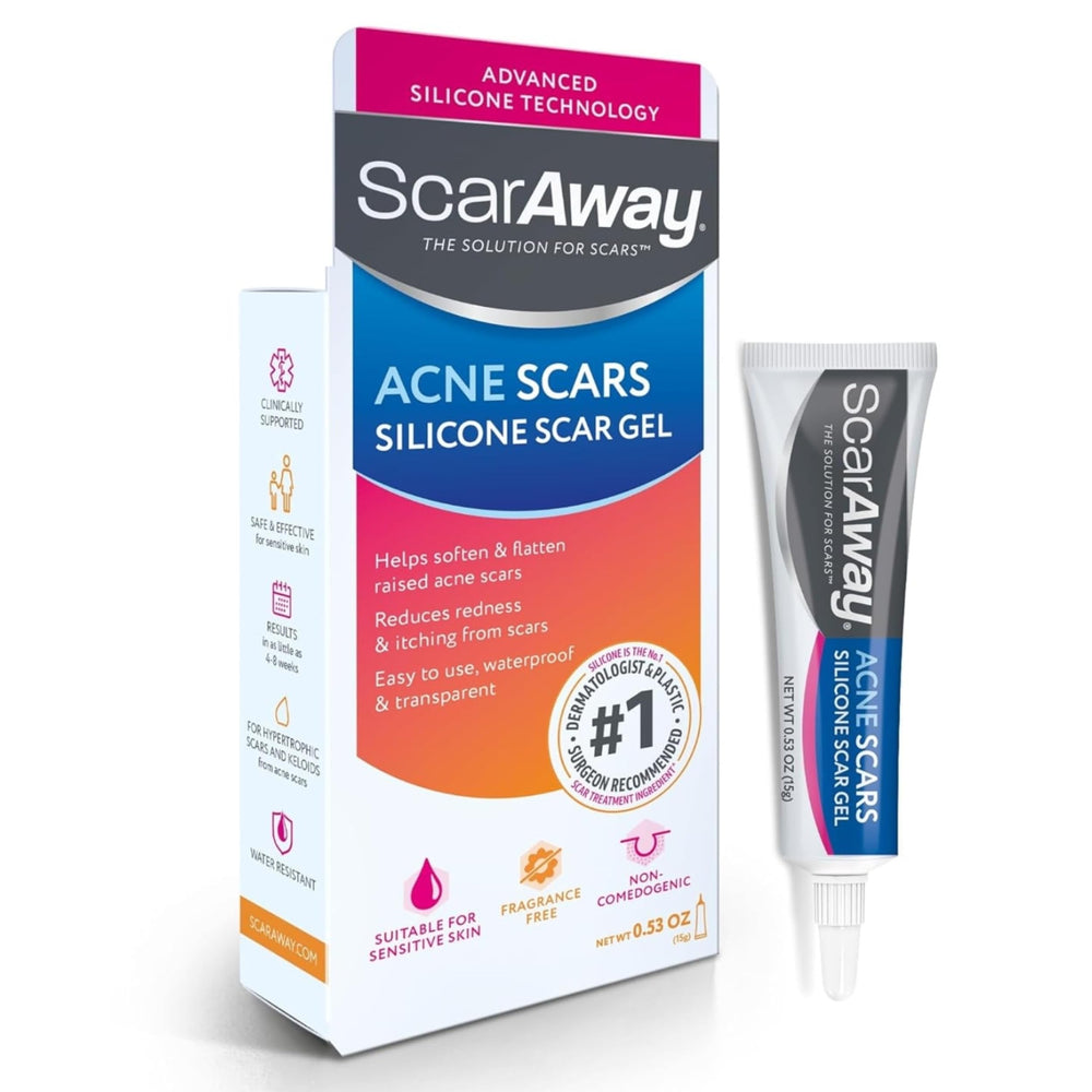 ScarAway acne scar treatment bottle closeup showing clear silicone gel for smoother skin