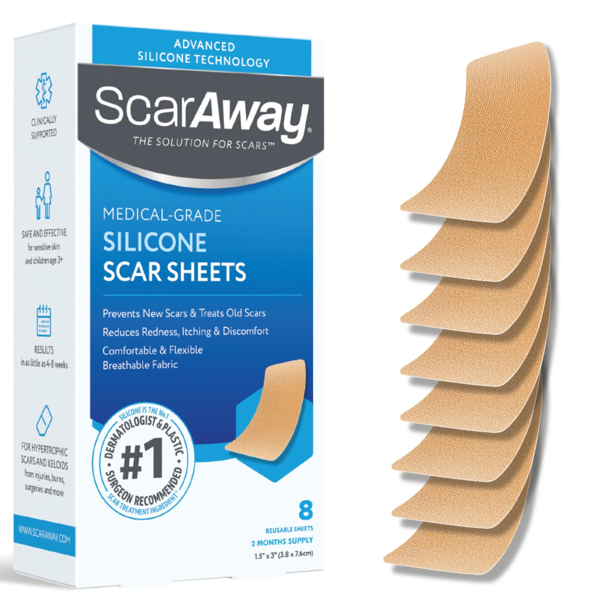 ScarAway Advanced Silicone Scar Sheets packaging highlights medical-grade scar care option.