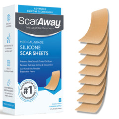 ScarAway Advanced Silicone Scar Sheets packaging highlights medical-grade scar care option.