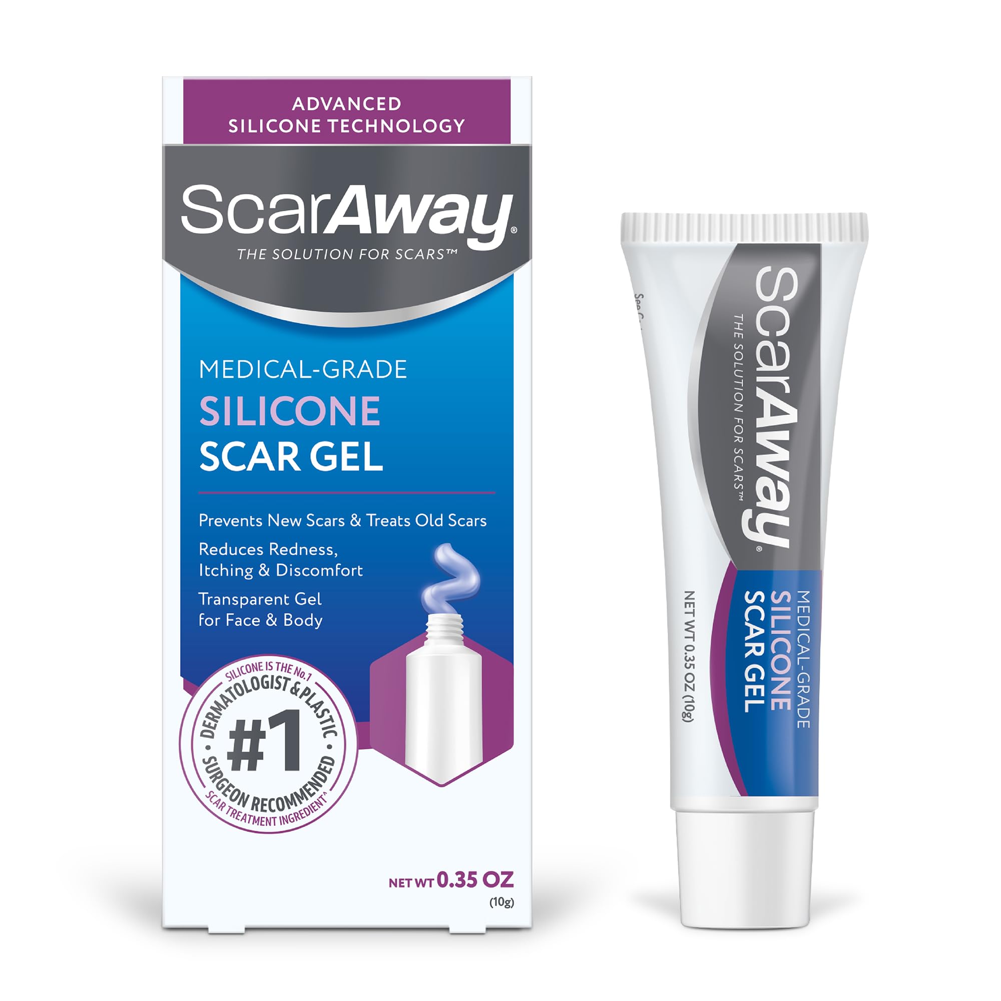 ScarAway front packaging 10g showing compact tube and brand benefit