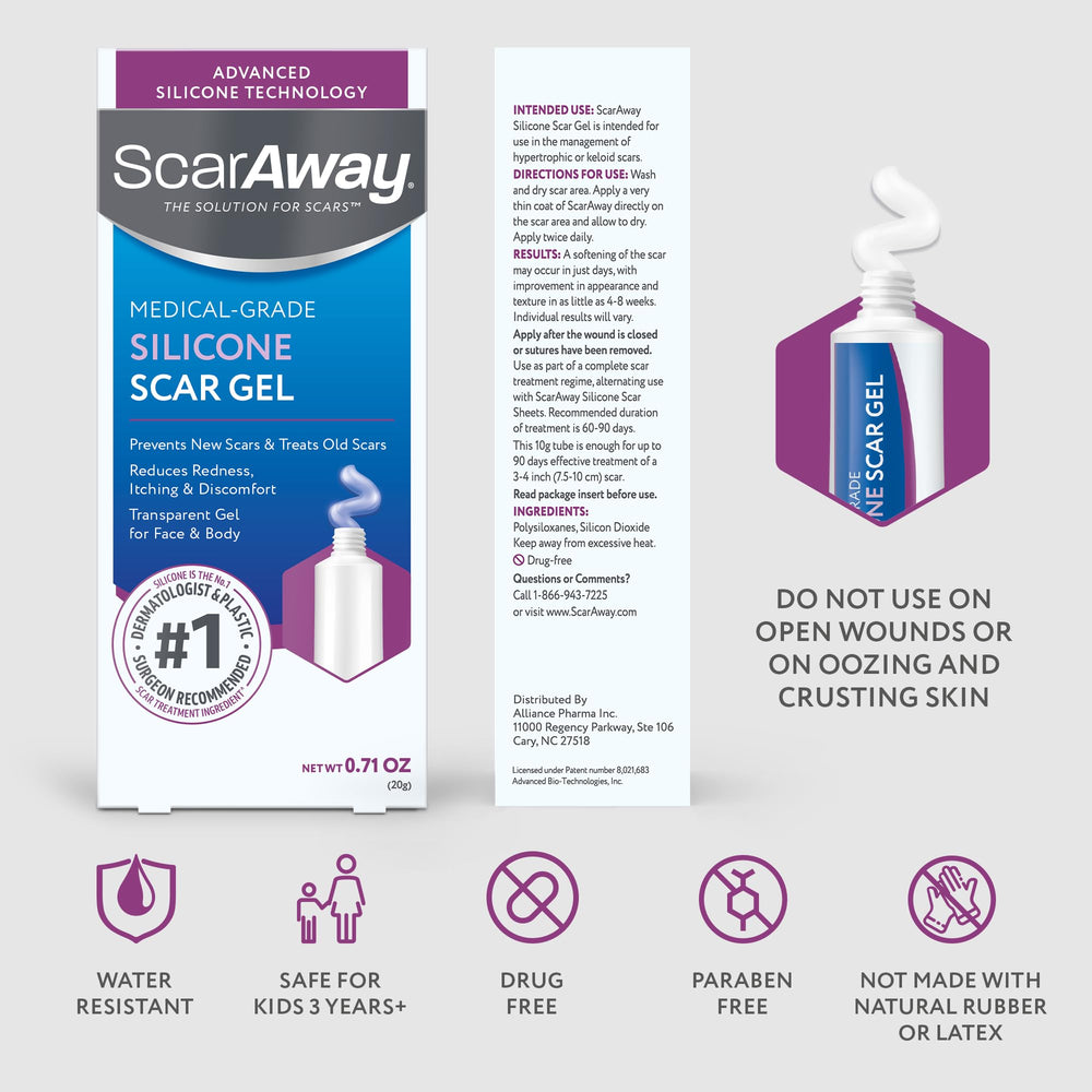ScarAway tube next to coin to show 10g size for travel convenience
