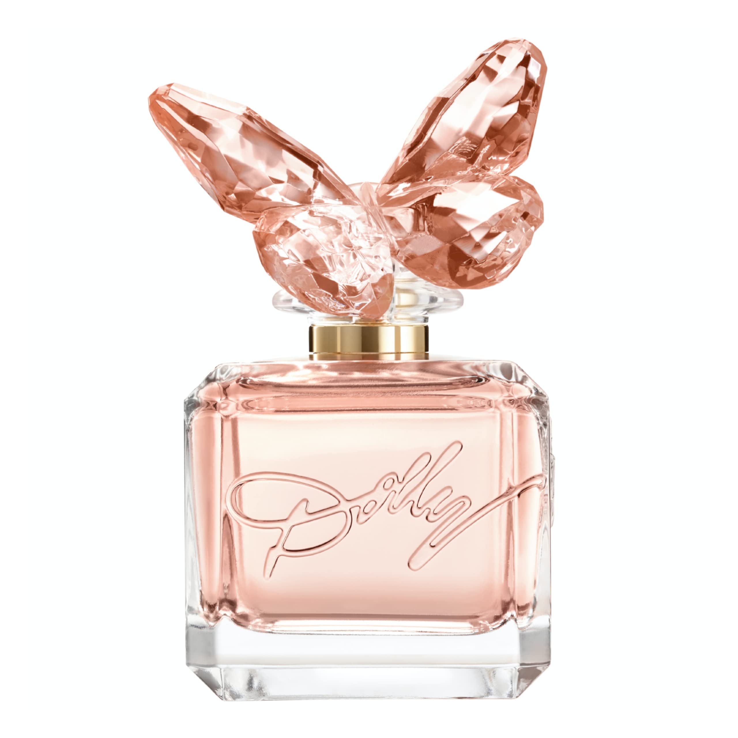 SCENT BEAUTY Dolly Parton Scent from Above bottle front shows pink butterfly design ideal for travel.
