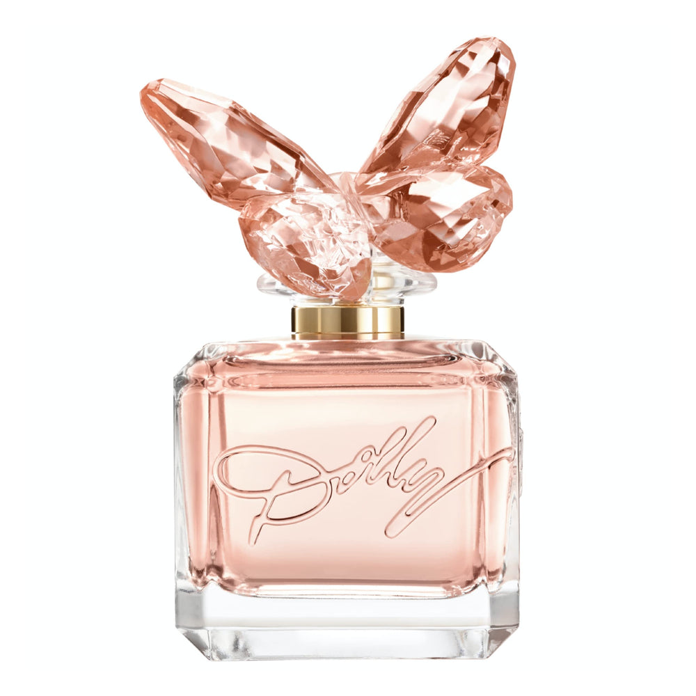 SCENT BEAUTY Dolly Parton Scent from Above bottle front shows pink butterfly design ideal for travel.