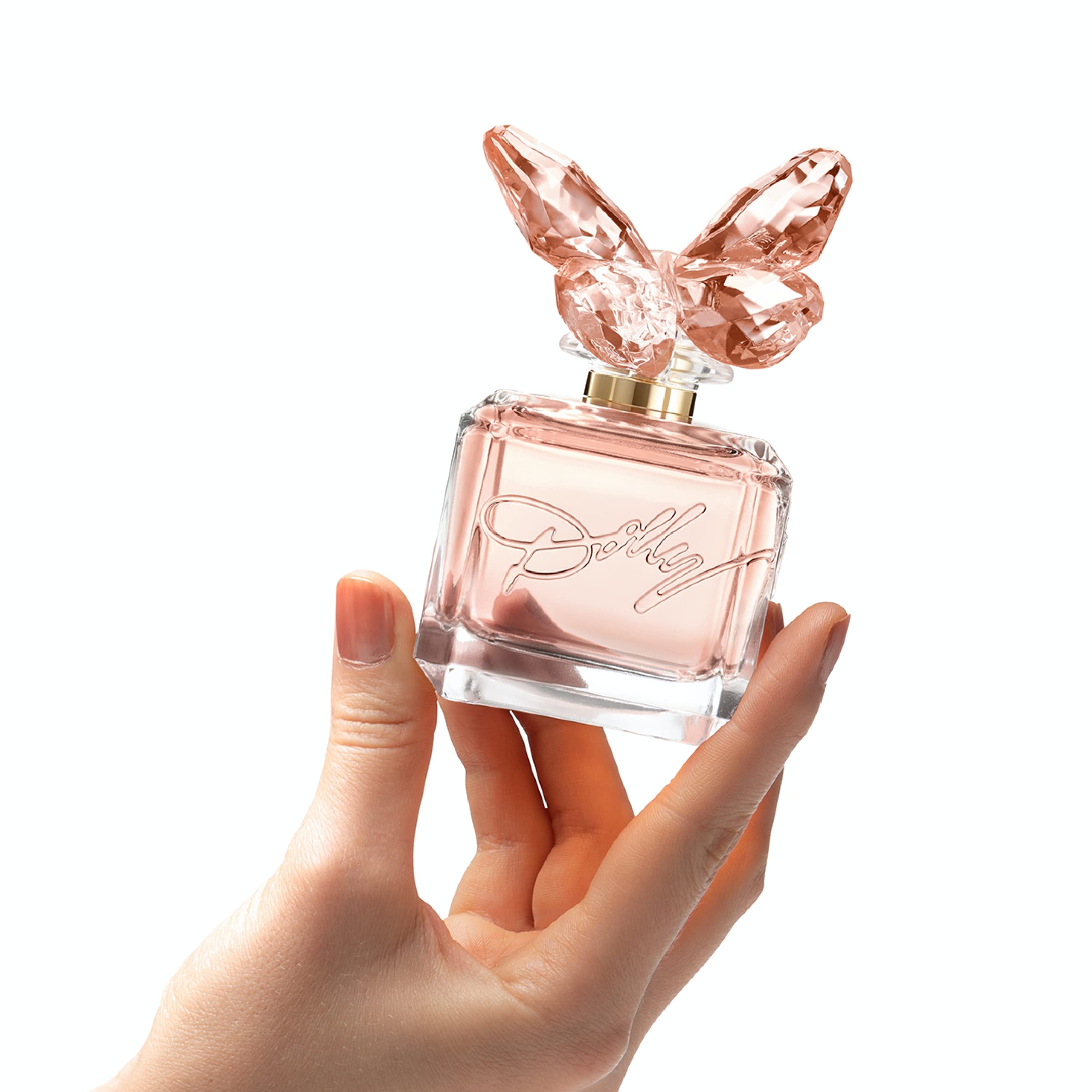SCENT BEAUTY Dolly Parton Scent from Above closeup of pink butterfly cap emphasizes feminine branding.
