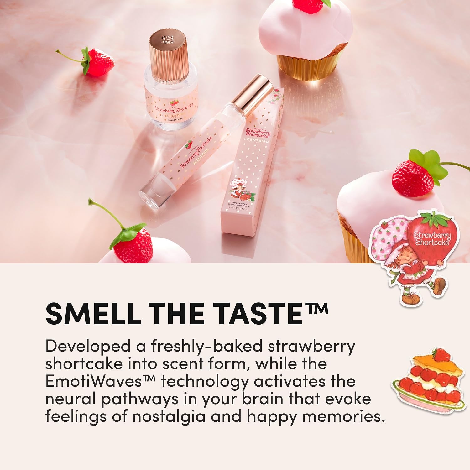Scentbird Strawberry Shortcake EDP label closeup emphasizes nostalgic branding quality