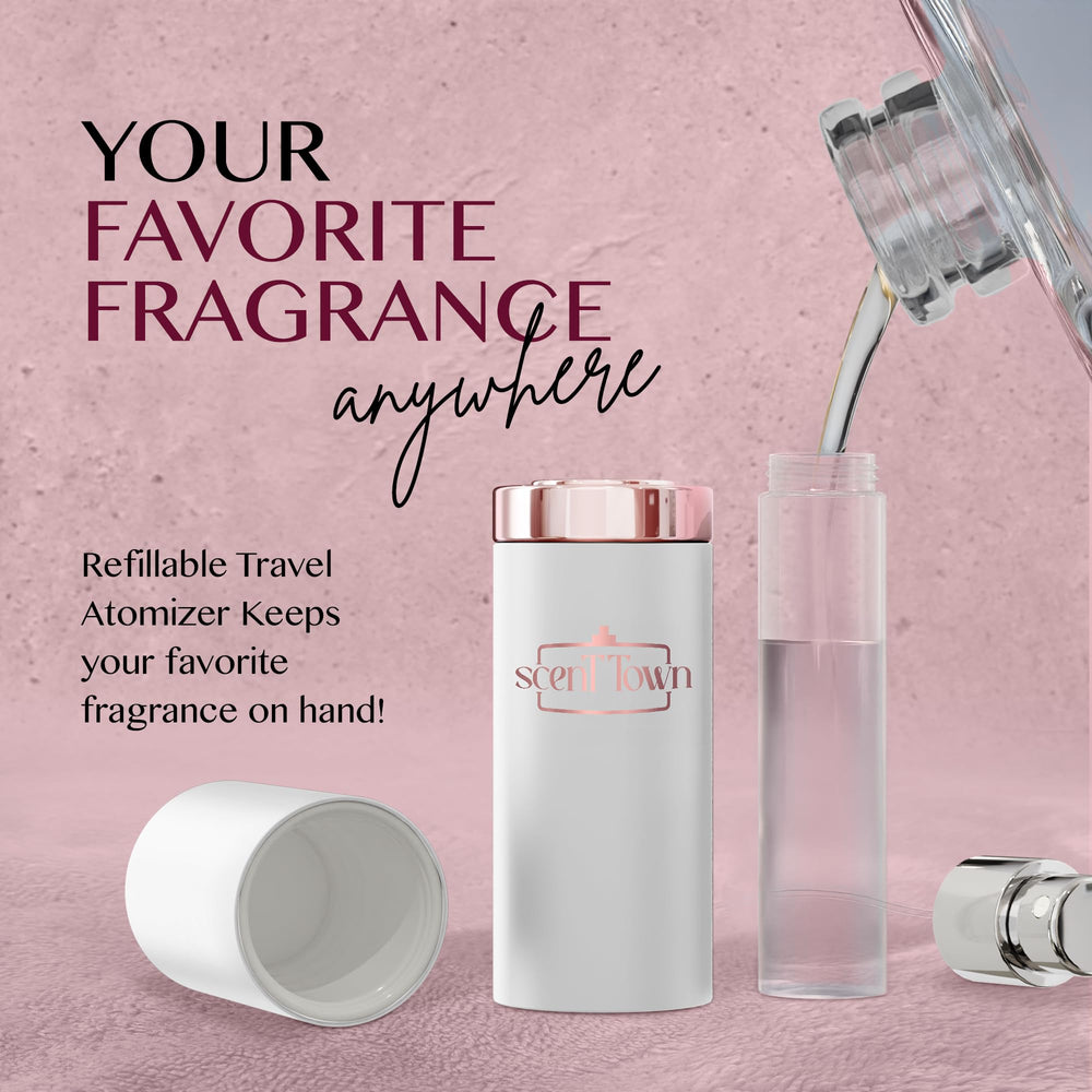Empty refillable perfume atomizer close-up for travel-friendly reusability.