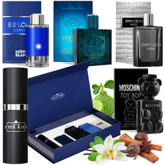 Scent Town mens cologne gift set box front view highlighting travel-ready samples.