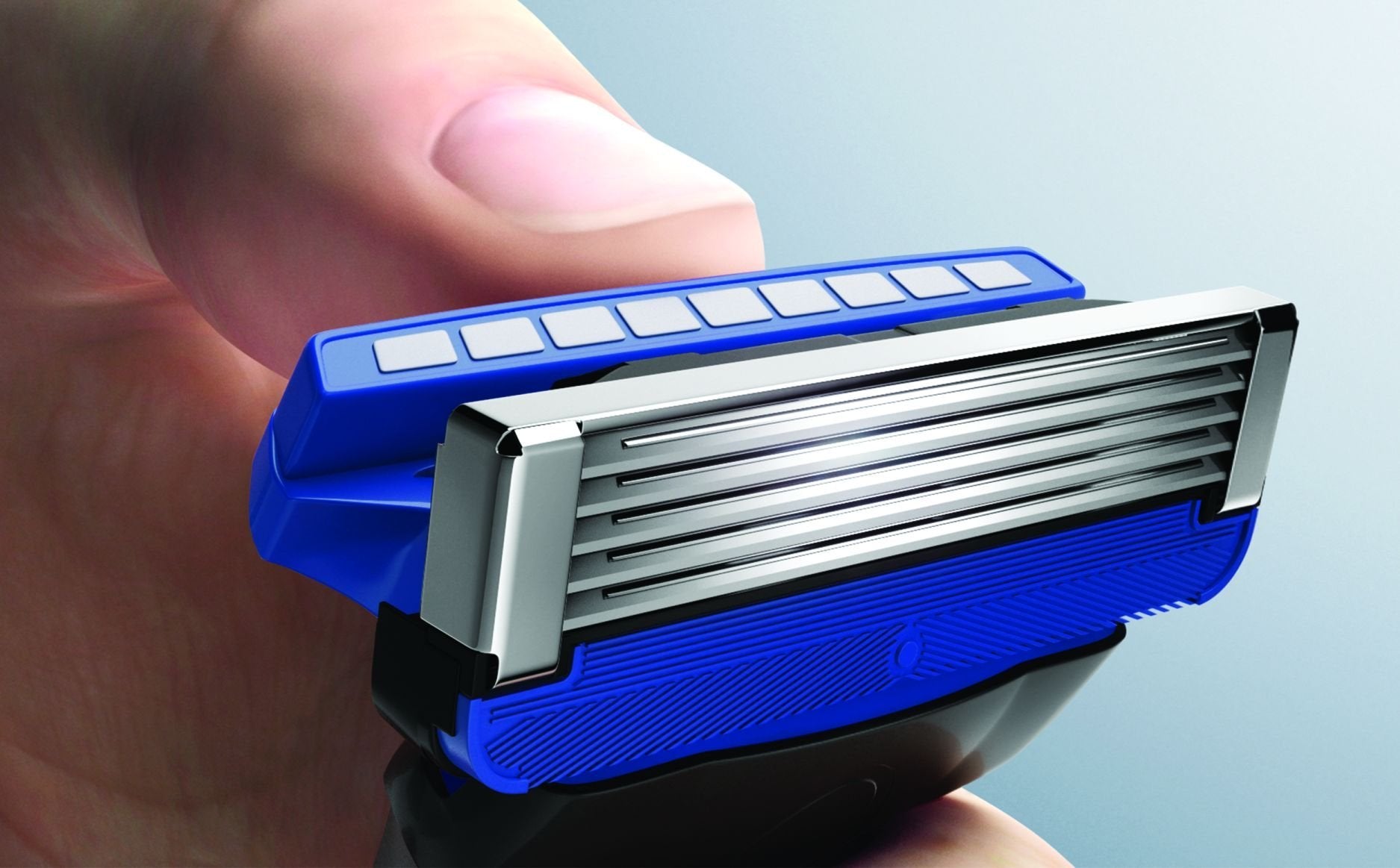 Schick Hydro 5 blade refill blades closeup shows precision blades for comfortable shaves.