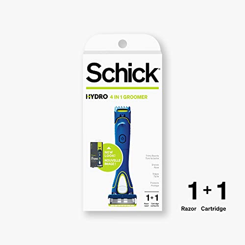 Schick Hydro 5 Groomer razor head closeup shows five blades with Skinguards for smoother glide.