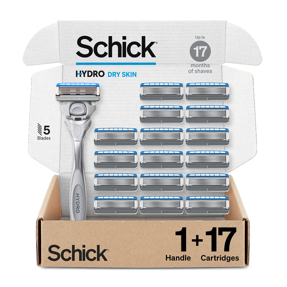 Schick Hydro Dry Skin Razor handle with Shock Absorb technology for customized shaving pressure.