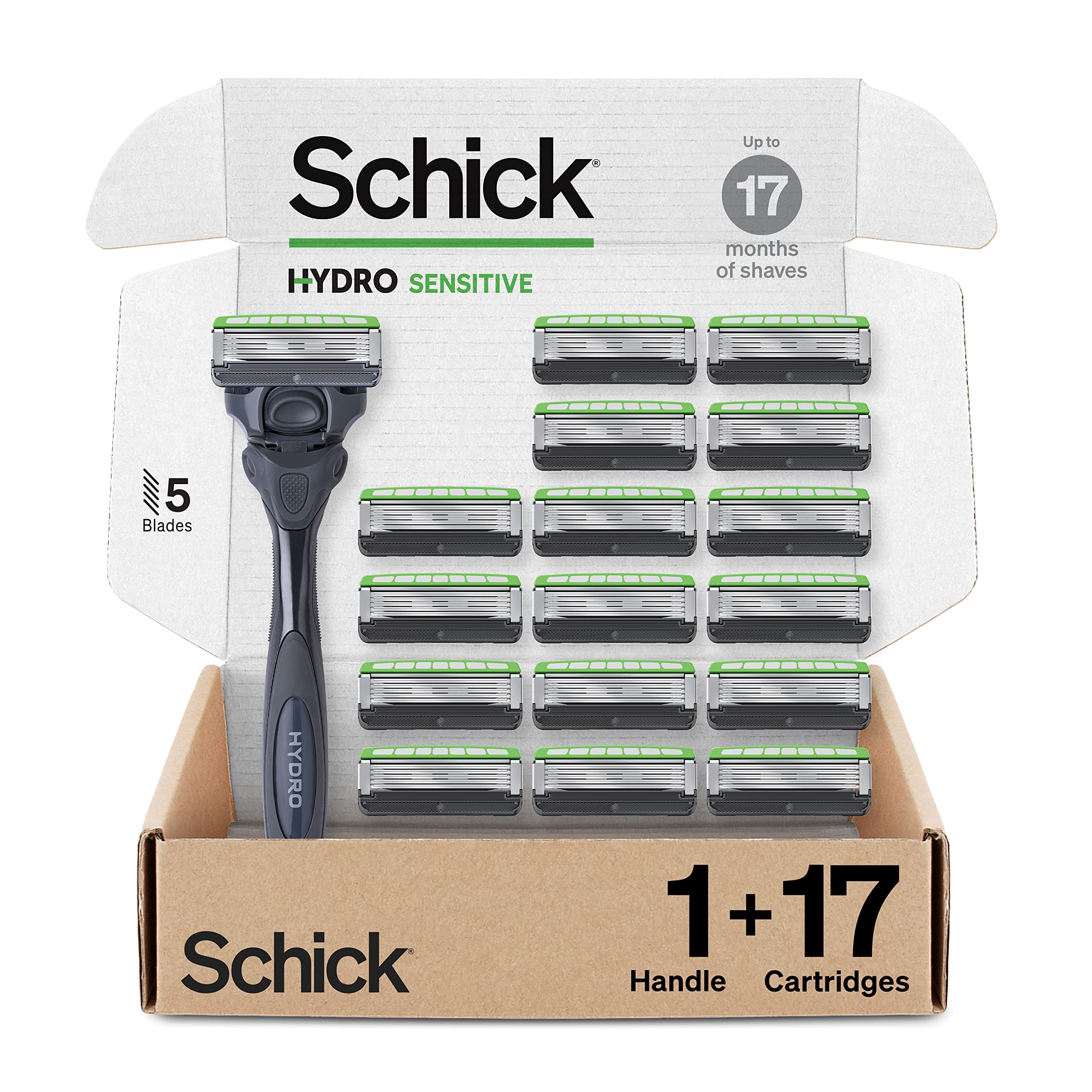 Schick Hydro Sensitive razor handle closeup showing ergonomic grip for gentle shaving