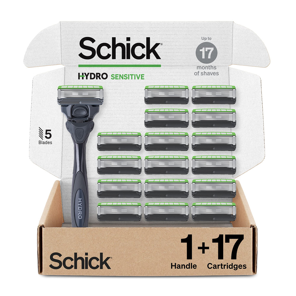 Schick Hydro Sensitive razor handle closeup showing ergonomic grip for gentle shaving