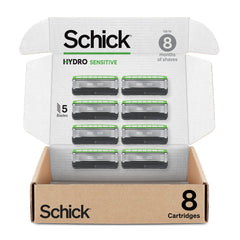 Schick Hydro Sensitive Razor Refills packaging demonstrates durability and value for daily grooming.