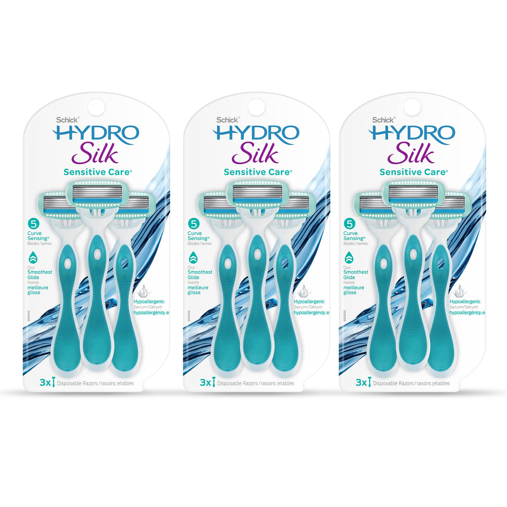 Schick Hydro Silk Sensitive razor curve-blades hug curves for a close shave.