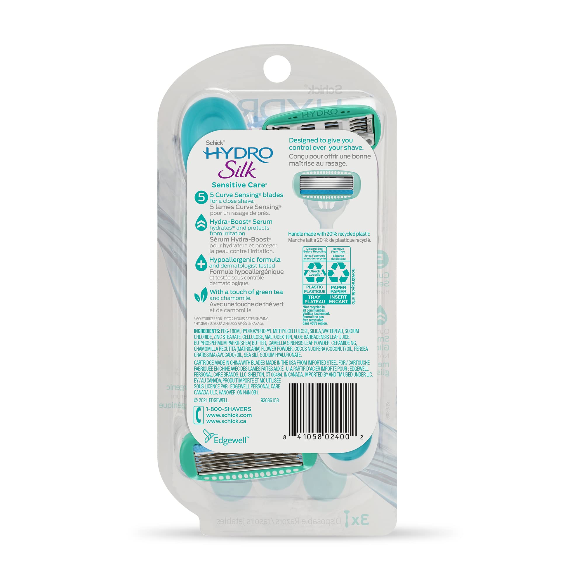 Schick Hydro Silk Sensitive razor is recyclable through Edgewell program.