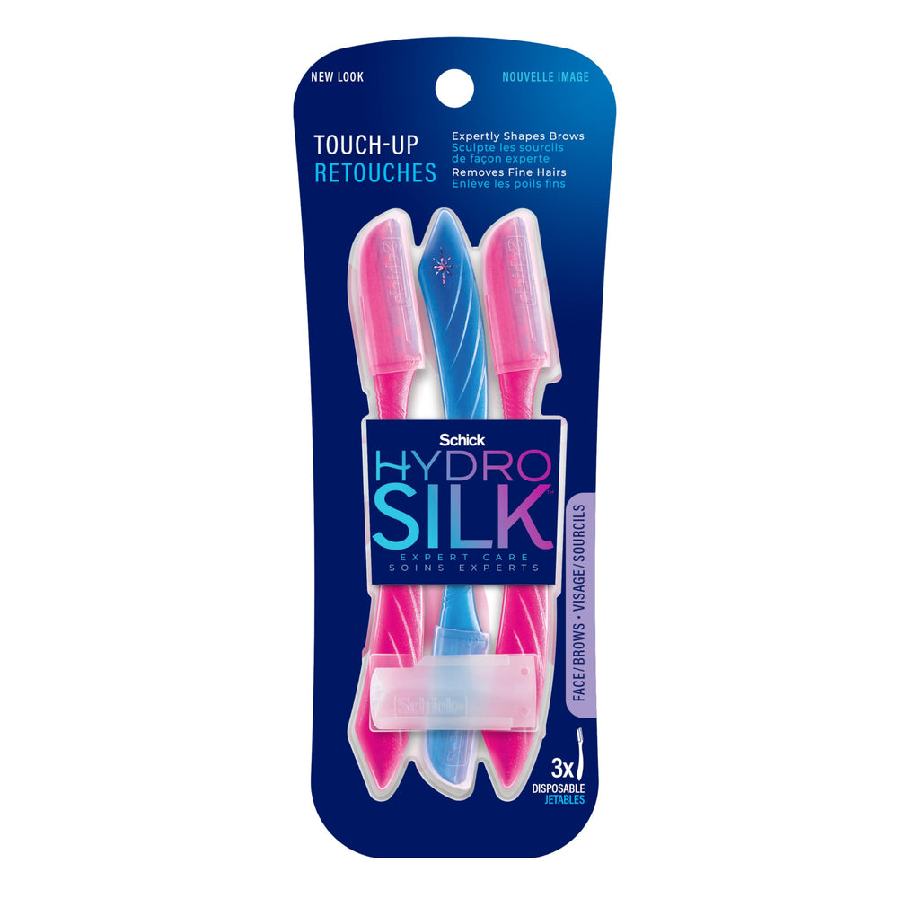 Schick Hydro Silk Touch-Up dermaplaning tool with precision eyebrow cover for quick on-the-go brow shaping.
